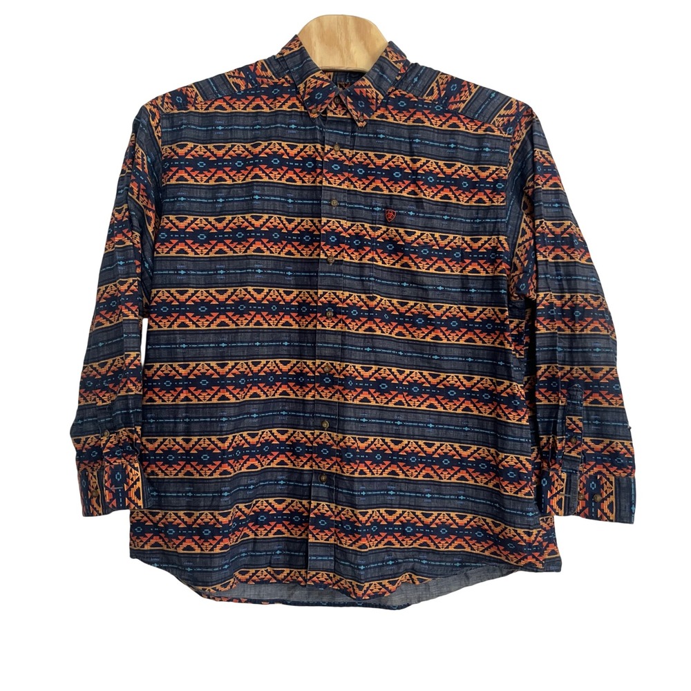 Ariat Button Down Shirt Men XXL Blue Orange Aztec Tribal Western Long Sleeve